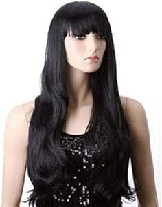 Long Straight Wig with Bangs, Black Synthetic Hair, Full Length Wigs for Women