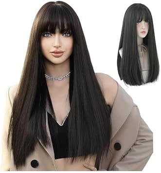 Women's long straight wig in black with front bangs, made of full-length 