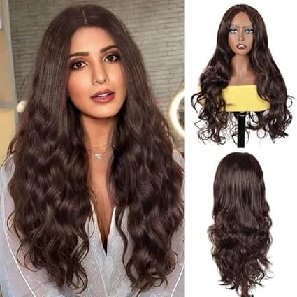 Long wavy wig dark brown hair natural style thick synthetic hair