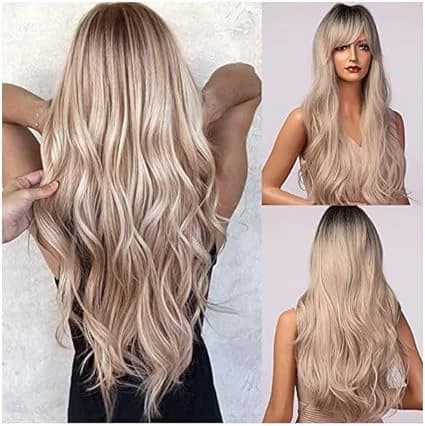 Long wavy wig ash blonde with dark roots synthetic wigs with bangs natural 