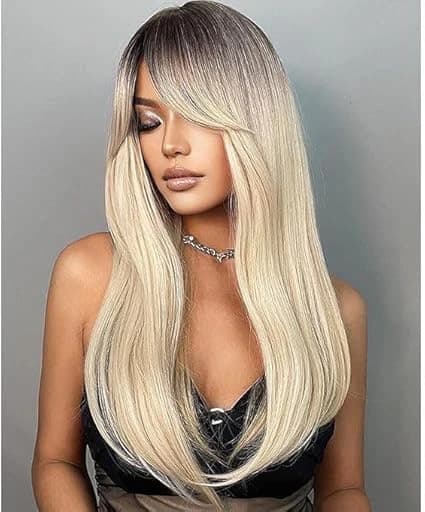 Long blonde wig with dark roots straight hair ombre wigs for women