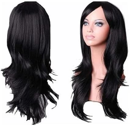 Long wavy wig black synthetic hair multiple layers natural looking
