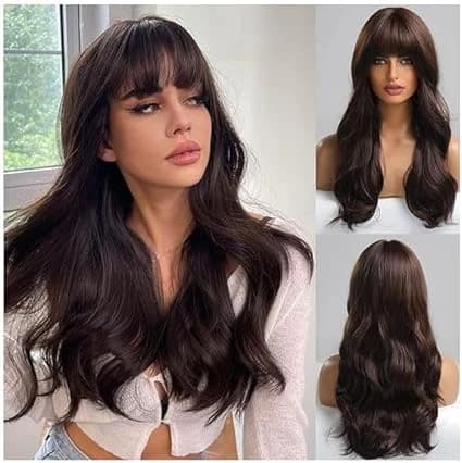 Long wavy dark brown wig with bangs natural looking synthetic wigs for women