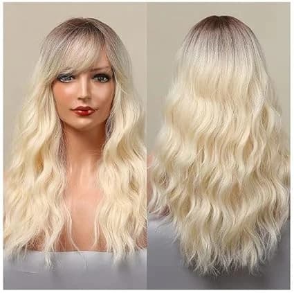 Long wavy blonde wig with bangs and dark roots, natural looking synthetic wigs 