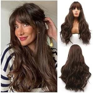 Long wavy brown wig with bangs natural looking synthetic wigs for women