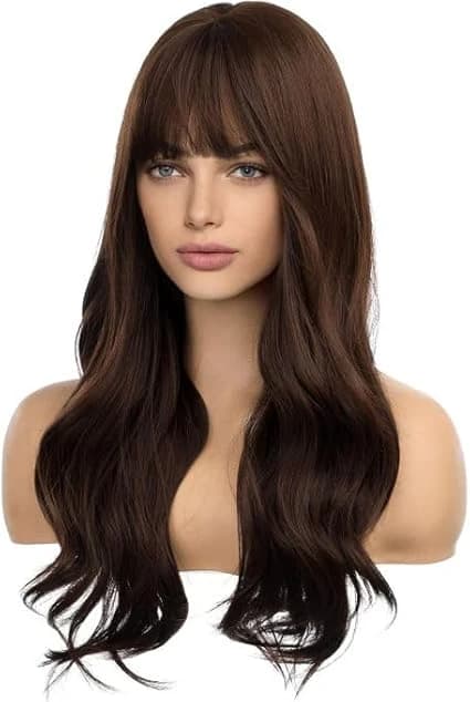 Long wavy dark brown wig with bangs women's synthetic wig