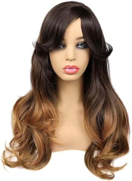 Long wavy ombre brown blonde wig with side bangs synthetic wig for women