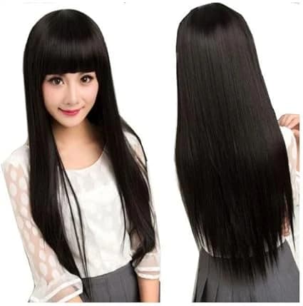 Long straight black wig with bangs, full-length synthetic hair, Asian style