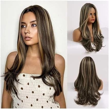Long wavy brown wig with blonde highlights synthetic wigs for women