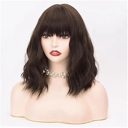 Women’s dark brown wavy wig with bangs short to medium length synthetic wig 