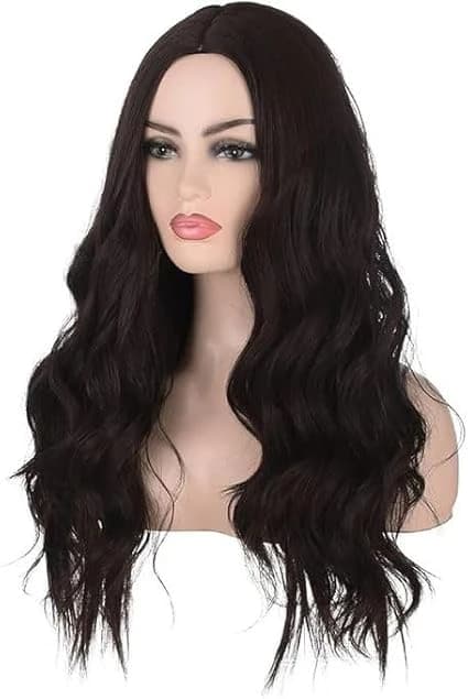 Long wavy dark brown synthetic hair wig medium to long length natural looking