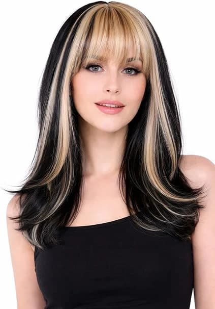Long heat fiber wig – black with blonde highlights, front bangs for women