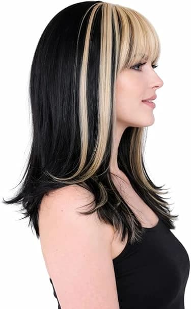 Ombre black blonde long straight wig with bangs for women