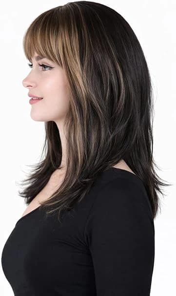 Long layered wig with bangs, dark brown highlight wig for women – classic 