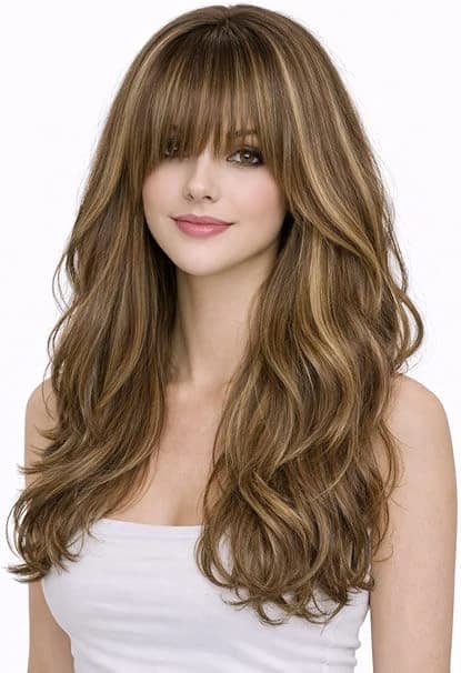 Natural hair extensions in brown with blonde highlights and front bangs 