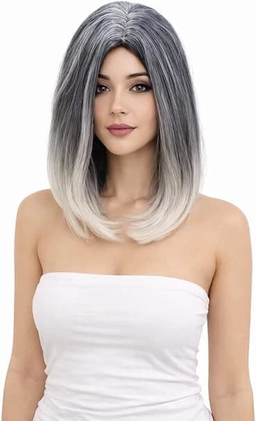 Short ombre grey and white bob wig for women – natural looking straight wig.