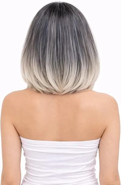 Short ombre grey and white bob wig for women – natural looking straight wig.