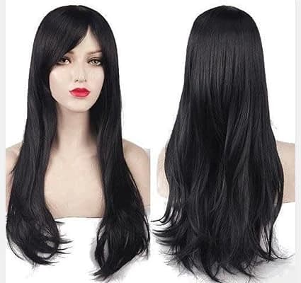 Women's long wig, black color, soft hairstyle with side bangs.