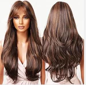 باروكة طويلة باللون البني مع هايلايت – بتصميم مموج بطبقات مع غرة للنساء.