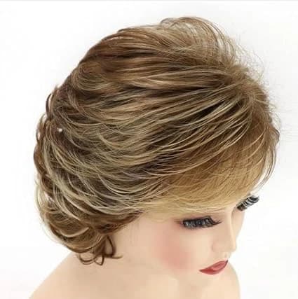 Short brown wig with blonde highlights – heat fiber wig for women with natural 