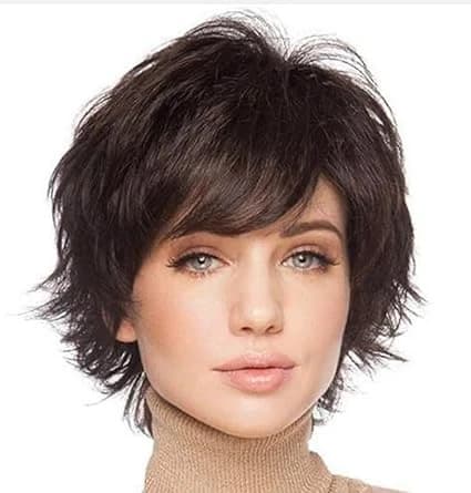 Short heat fiber wig in dark brown – layered wavy wig with side bangs.