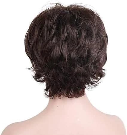Short heat fiber wig in dark brown – layered wavy wig with side bangs.