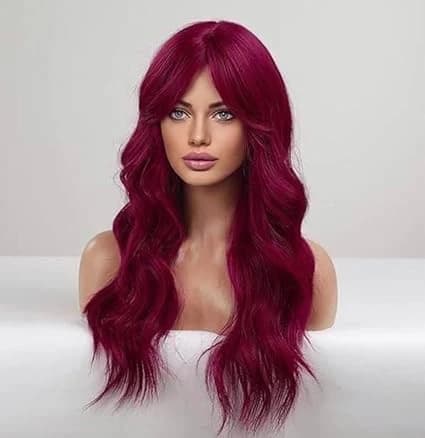 Long wavy dark burgundy wig with side bangs – party cosplay wig for women.