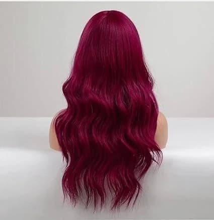 Long wavy dark burgundy wig with side bangs – party cosplay wig for women.