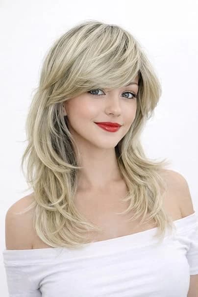 Long ombre blonde wig with natural side bangs – for women.