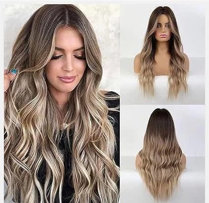 Long wavy brown to blonde wig – natural fashion wig for women.