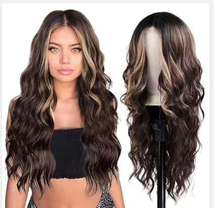 Long wavy brown and gold ombre wig – synthetic hair fashion style for women.