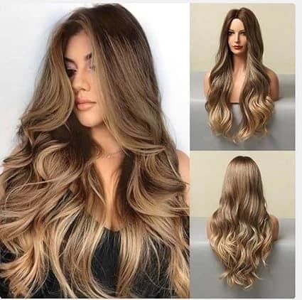 Long wavy brown to blonde wig – natural fashion hair wig for women.