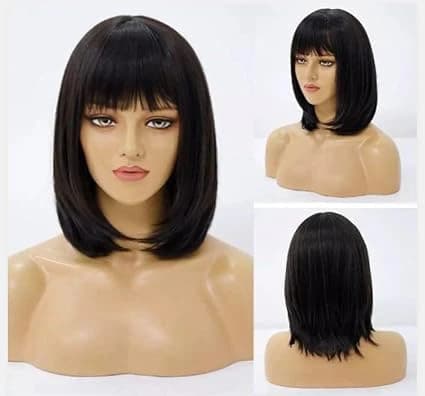 Black short bob synthetic wig with bangs – stylish wig for women.