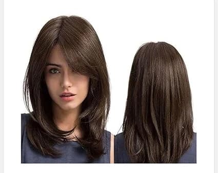 Dark brown medium-length straight layered wig – natural looking wig for women.