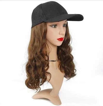 Wig with black baseball cap, long wavy brown hair – fashionable women accessory.