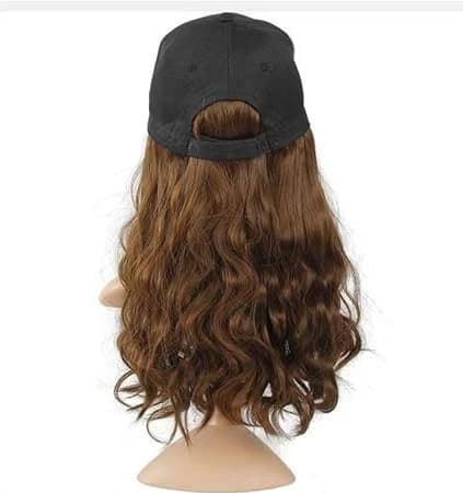 Wig with black baseball cap, long wavy brown hair – fashionable women accessory.