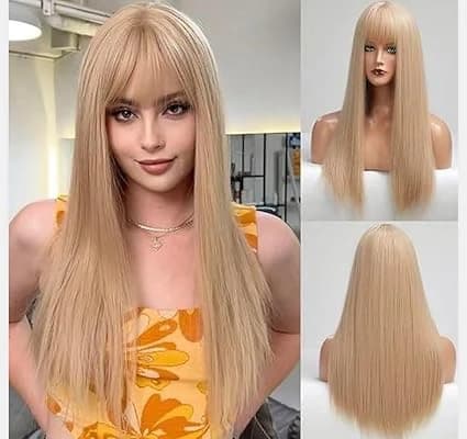 Long straight golden blonde wig with bangs – wig for women.