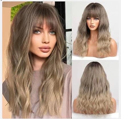 Long wavy wig with bangs ombre ash brown – natural looking wig for women.