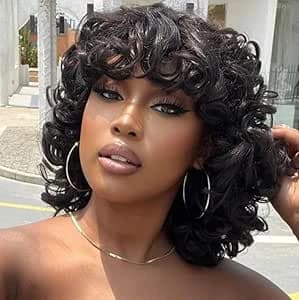 Short curly black bob wig with bangs – natural curly wig for women.