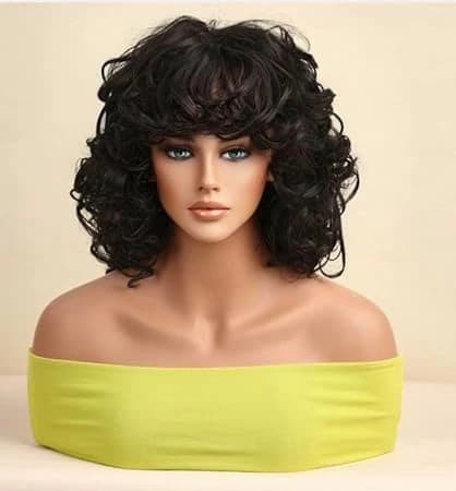 Short curly black bob wig with bangs – natural curly wig for women.
