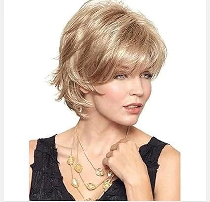 Women's short blonde wavy wig with side bangs – fashionable wig for women.