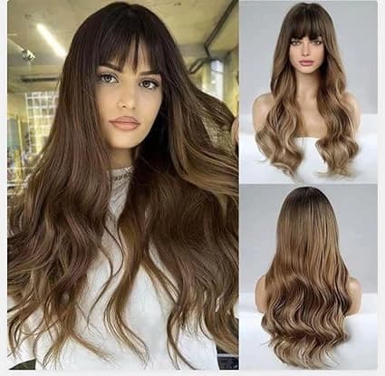 Long wavy ombre brown wig with bangs – natural synthetic hairstyle wig for women