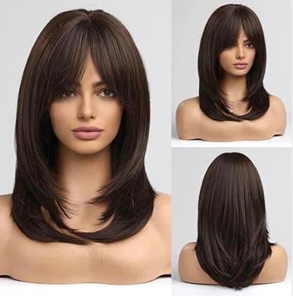 Dark brown medium-length ombre layered synthetic wig with side bangs 