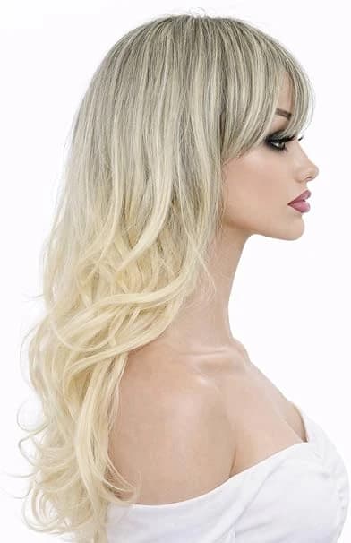 Ombre Light to Dark Blonde Long Wavy Wig with Bangs for Women.