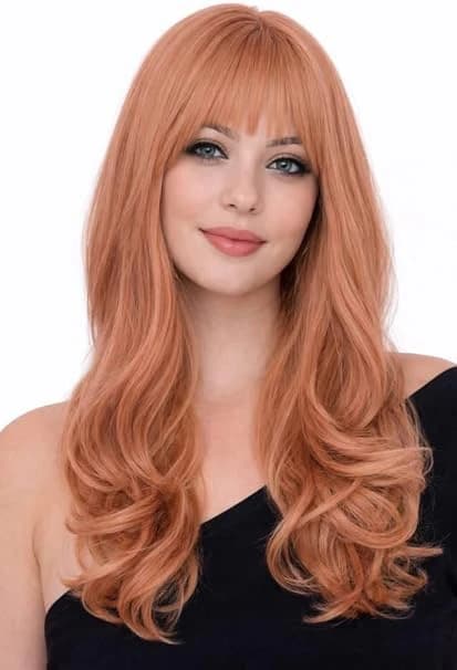Orange Pink Long Wavy Wig with Bangs for Women.
