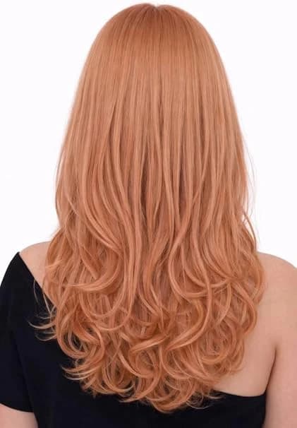 Orange Pink Long Wavy Wig with Bangs for Women.