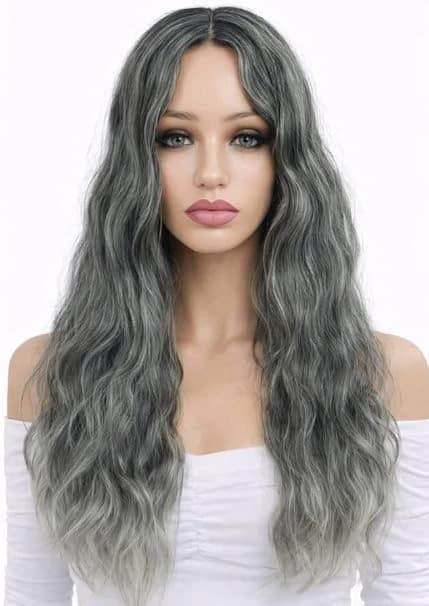 Ombre Grey Green Long Wavy Wig Natural Middle Part Wig for Daily Use Cosplay.