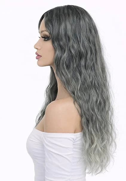 Ombre Grey Green Long Wavy Wig Natural Middle Part Wig for Daily Use Cosplay.