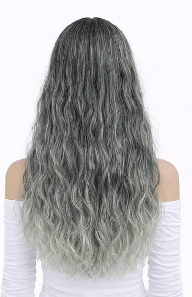 Ombre Grey Green Long Wavy Wig Natural Middle Part Wig for Daily Use Cosplay.