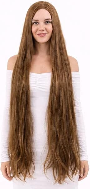 Extra long straight brown wig with light highlights for cosplay.